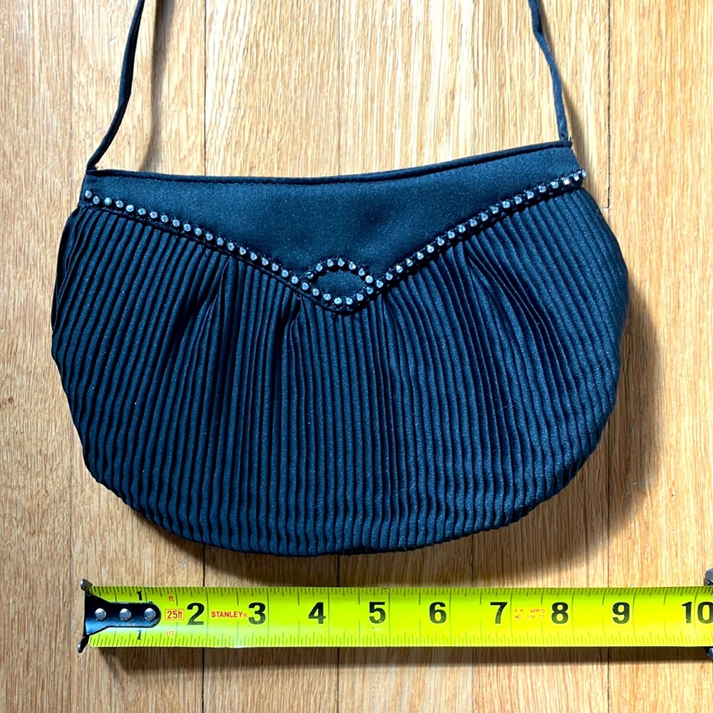 Beautiful, scalloped, vintage, black shoulder strap purse with rhinestone detail